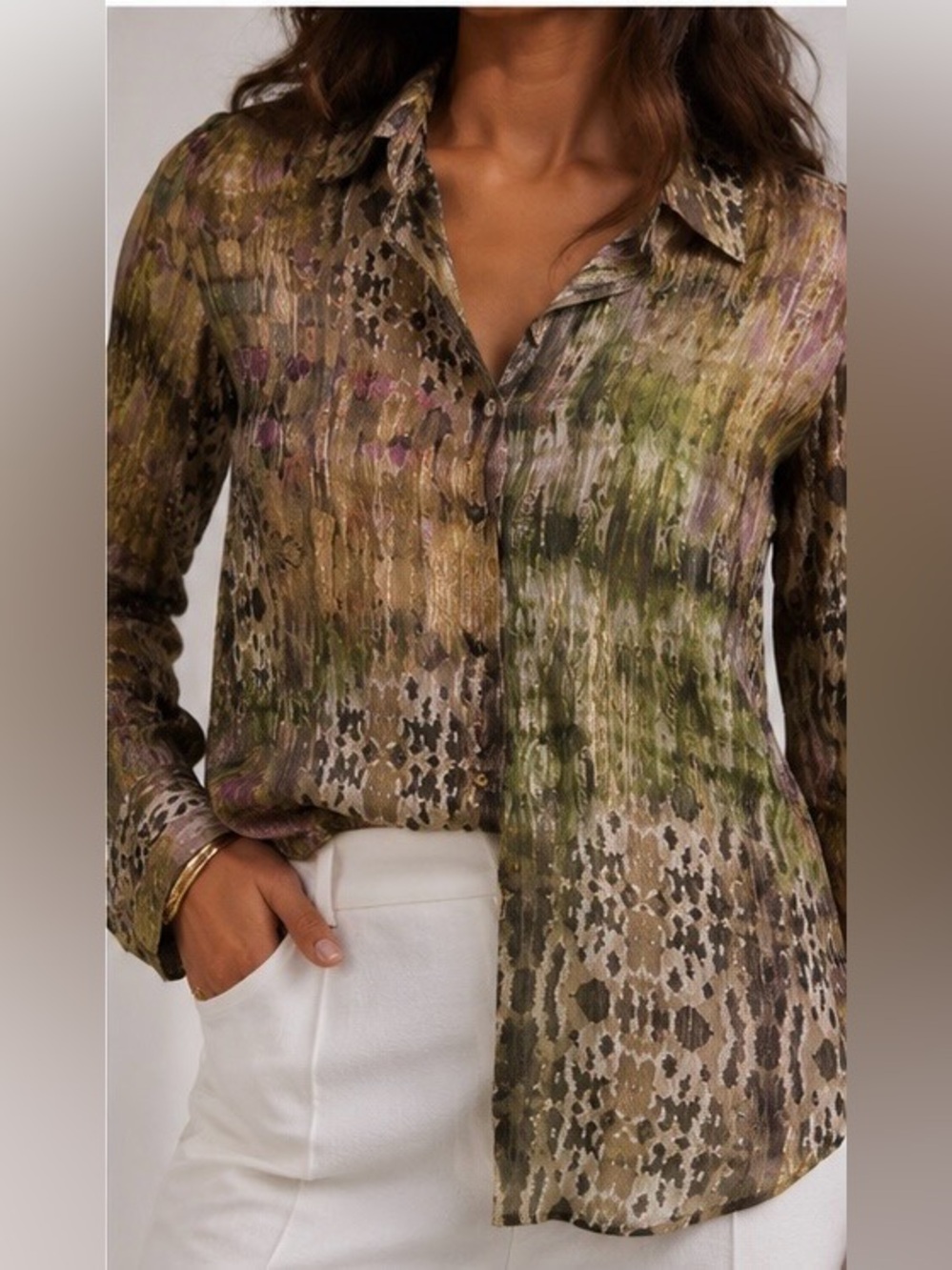 NWT Zara Printed Metallic Thread Button Up Shirt Multicolor Size S